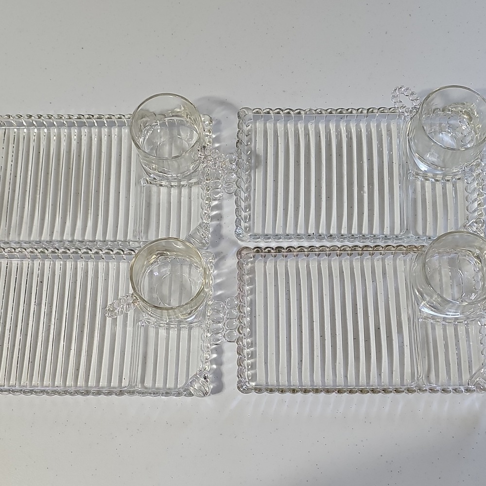 Orchard Crystal Clear Ribbed Pressed Glass Snack Plates & Cups 8-Piece Party Set - Picture 2 of 4